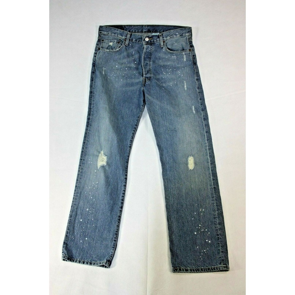 Levi's 501 Jeans Mens Button Fly 34 X 32 Blue Denim Pants Distressed Embellished